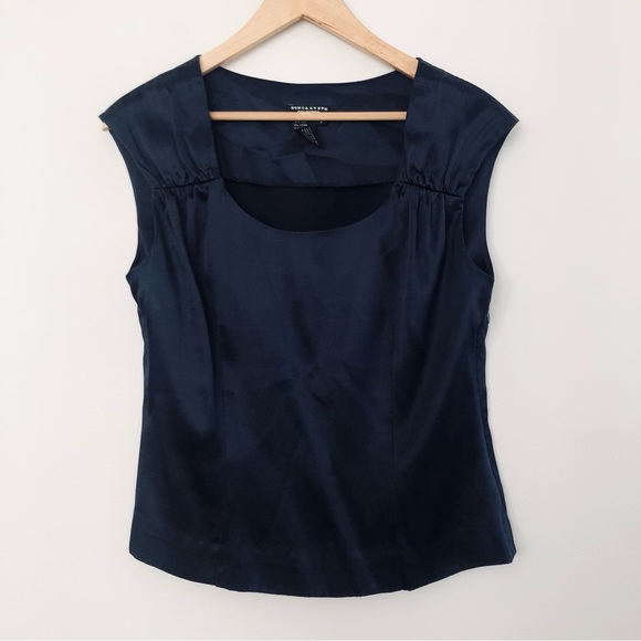 Doncaster Tops - [Doncaster] Navy Silk Ruched Cap Sleeve Side Zip Top